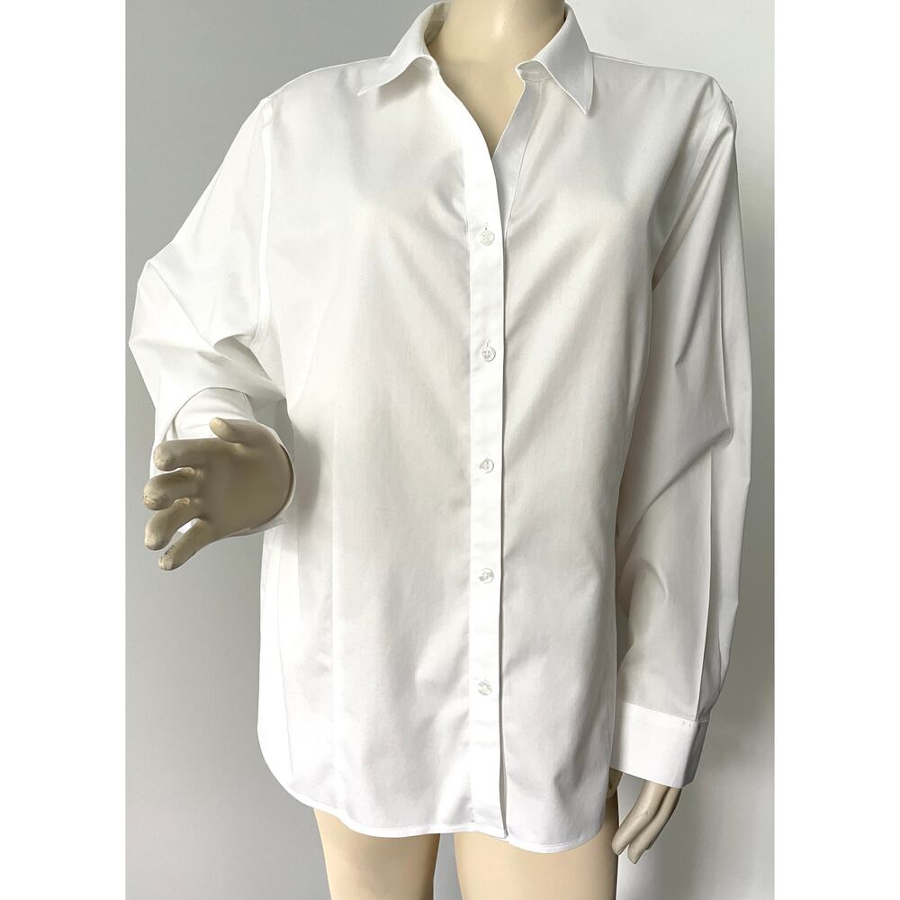 Chicos White 100% Cotton No Iron Button Down Fitted Blouse Shirt Size 3.5 or XL